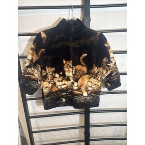 Vintage Mazmania Kids Fleece Cat All Over Print USA Sz M 7/8 Full Zip jacket